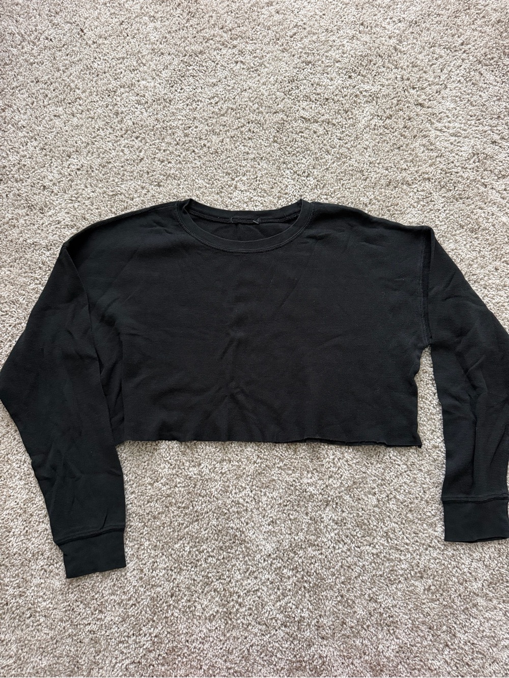 Black Cropped waffle Long-Sleeve Top - Women's Solid Crewneck